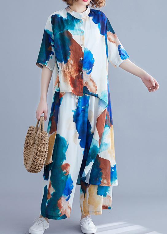 Summer New Large Size Chiffon Print Sleeveless Shirt + Wide Leg Pants Suit