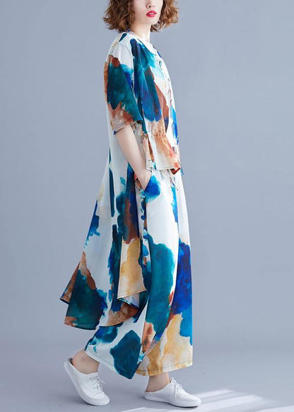 Summer New Large Size Chiffon Print Sleeveless Shirt + Wide Leg Pants Suit
