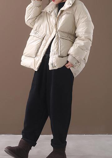 White Goose Down Coat Clothing Snow Jackets Two Pockets Stand Collar Coats