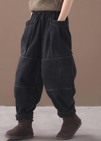 Winter Black Patchwork Cotton Pants Two Pockets Thick Denim Pants