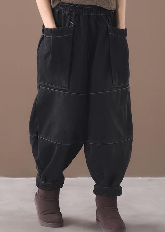 Winter Black Patchwork Cotton Pants Two Pockets Thick Denim Pants