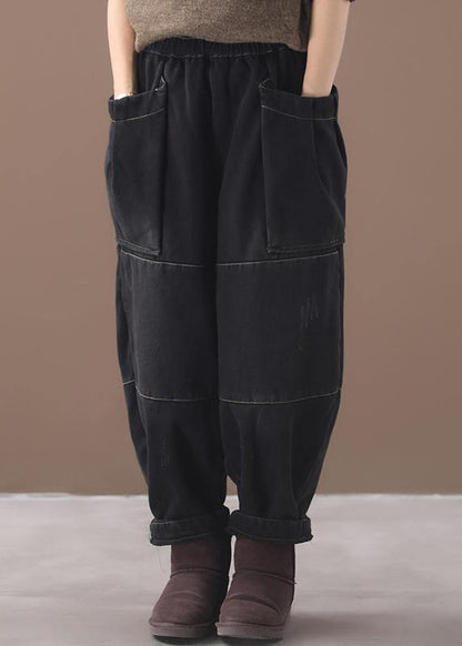 Winter Black Patchwork Cotton Pants Two Pockets Thick Denim Pants