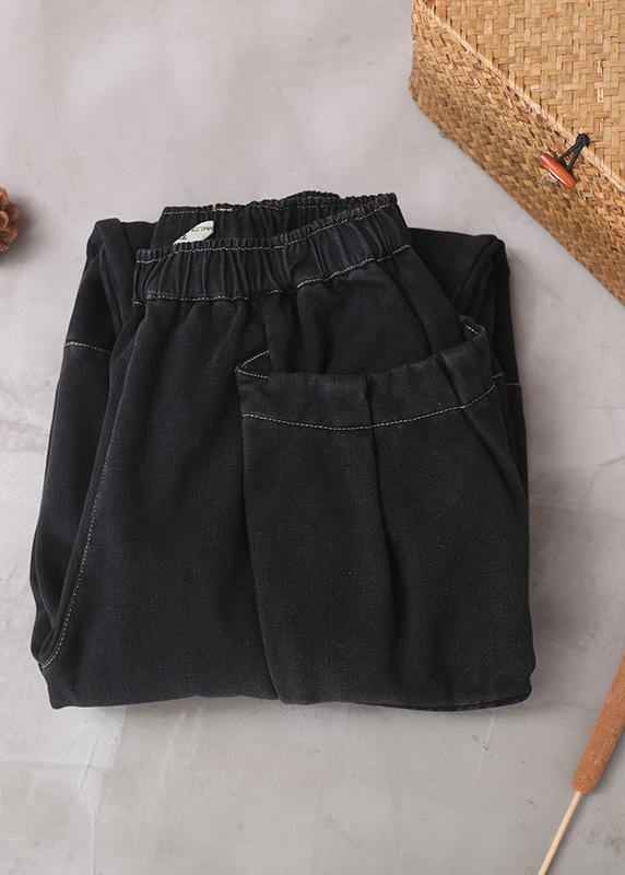 Winter Black Patchwork Cotton Pants Two Pockets Thick Denim Pants