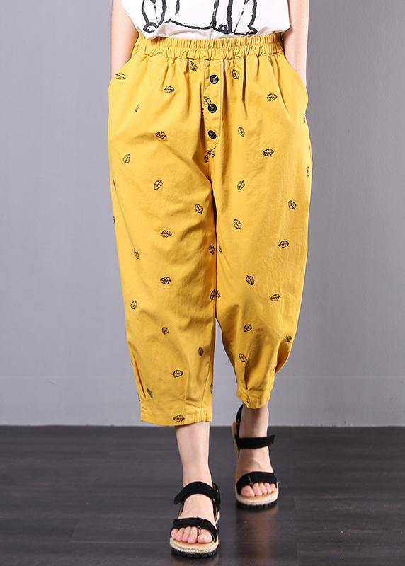 Yellow Embroidery Loose Elastic Waist Pants