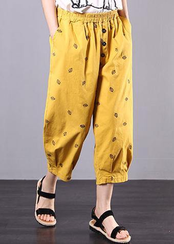 Yellow Embroidery Loose Elastic Waist Pants