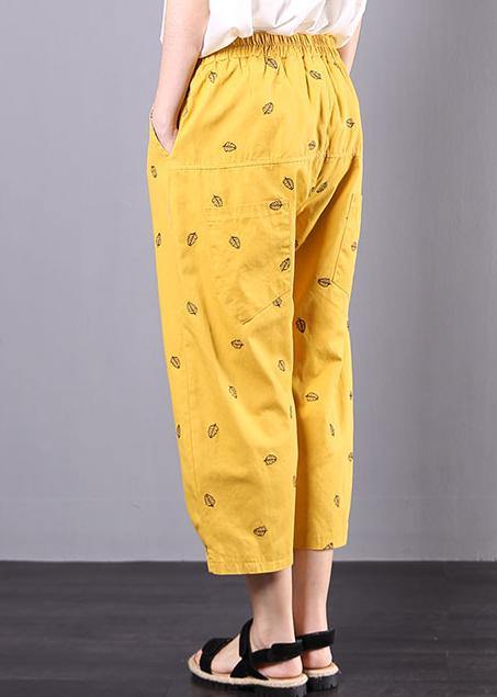 Yellow Embroidery Loose Elastic Waist Pants