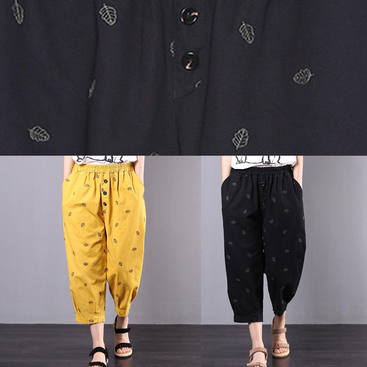 Yellow Embroidery Loose Elastic Waist Pants