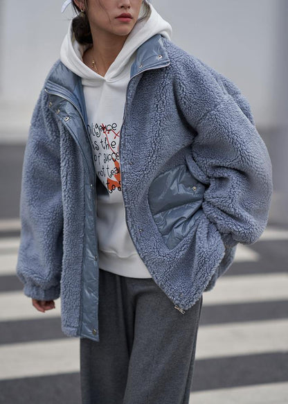 Loose Jacket Blue Stand Collar Patchwork Woolen Coat