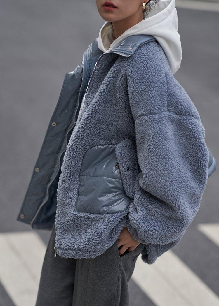 Loose Jacket Blue Stand Collar Patchwork Woolen Coat