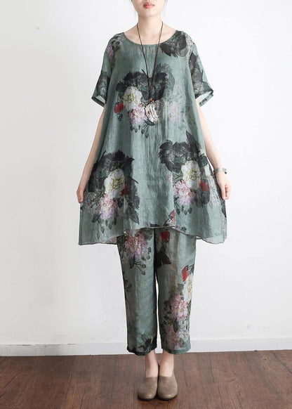 New Loose Green Print Short Sleeve Shirt Pants Linen Set