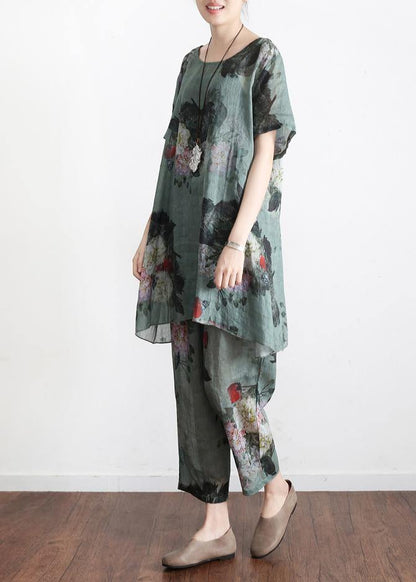 New Loose Green Print Short Sleeve Shirt Pants Linen Set