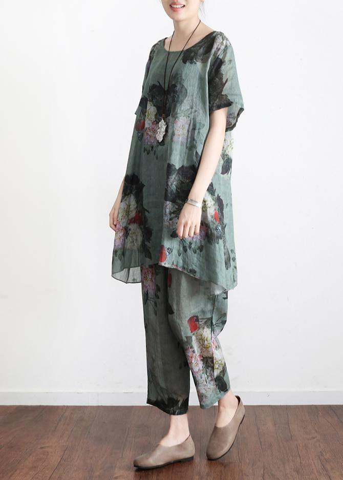 New Loose Green Print2 Short Sleeve Shirt Pants Linen Set