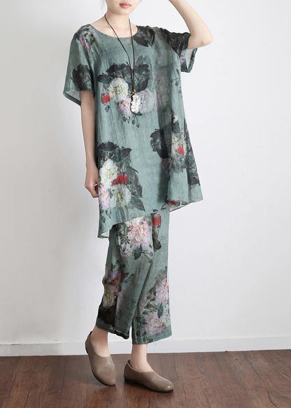New Loose Green Print2 Short Sleeve Shirt Pants Linen Set