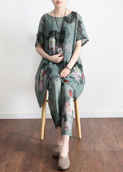 New Loose Green Print2 Short Sleeve Shirt Pants Linen Set