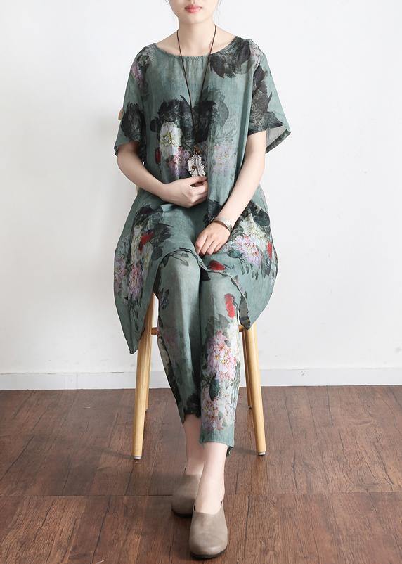 New Loose Green Print2 Short Sleeve Shirt Pants Linen Set