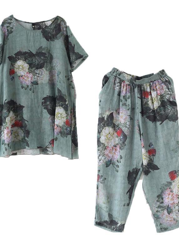 New Loose Green Print Short Sleeve Shirt Pants Linen Set