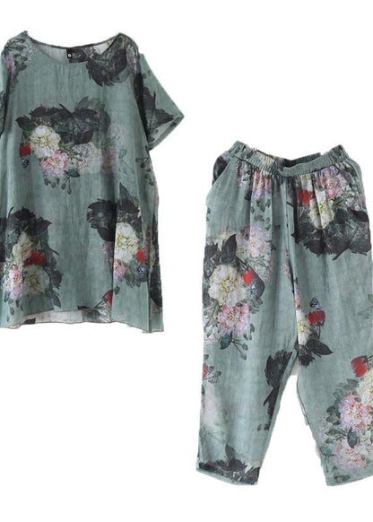 New Loose Green Print3 Short Sleeve Shirt Pants Linen Set