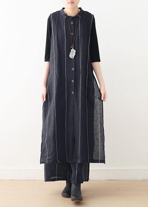 Original Design Dark Blue Striped Cotton Linen Long Cardigan Wide Leg Pants Two Piece Set