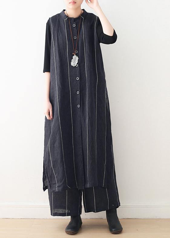 Original Design Dark Blue Striped Cotton Linen Long Cardigan Wide Leg Pants Two Piece Set