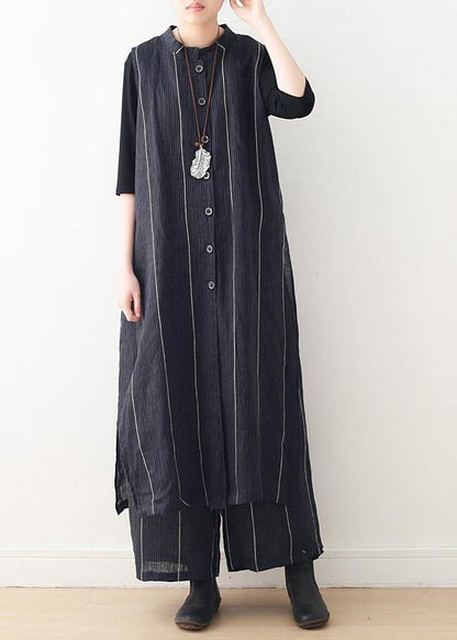 Original Design Dark Blue Striped Cotton Linen Long Cardigan Wide Leg Pants Two Piece Set