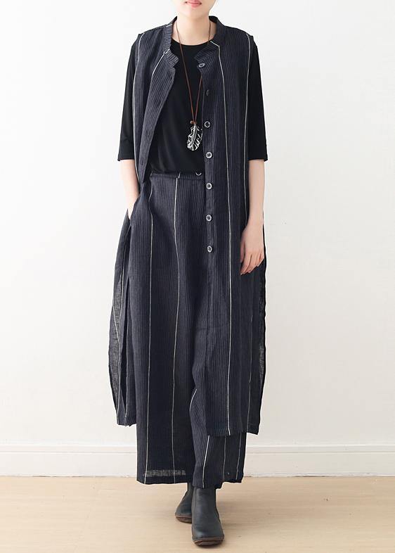 Original Design Dark Blue Striped Cotton Linen Long Cardigan Wide Leg Pants Two Piece Set