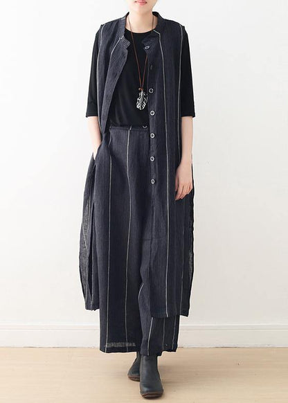Original Design Dark Blue Striped Cotton Linen Long Cardigan Wide Leg Pants Two Piece Set