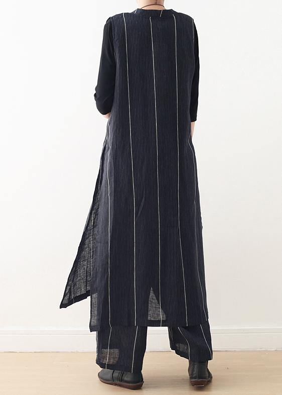 Original Design Dark Blue Striped Cotton Linen Long Cardigan Wide Leg Pants Two Piece Set