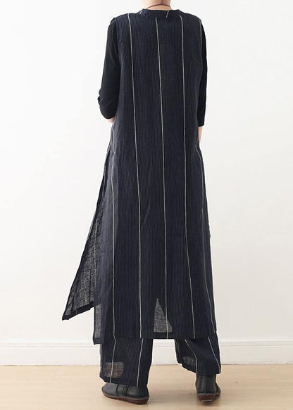 Original Design Dark Blue Striped Cotton Linen Long Cardigan Wide Leg Pants Two Piece Set