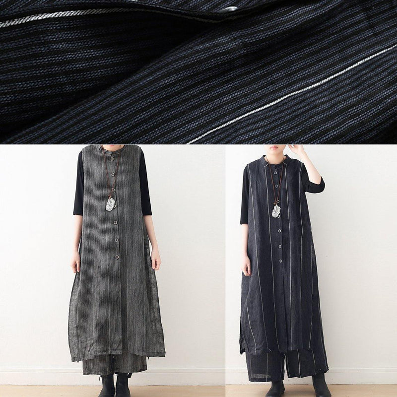 Original Design Dark Blue Striped Cotton Linen Long Cardigan Wide Leg Pants Two Piece Set