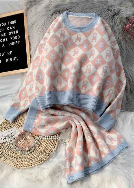 Autumn and Winter New Temperament Cartoon Pattern Sweater Set Round Neck Sweater Half Skirt Two-piece Set