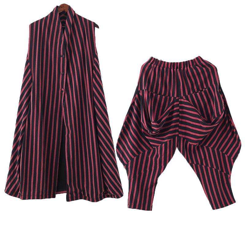 Autumn and Winter Leisure Long Red Striped Vest Waist Pants Suit
