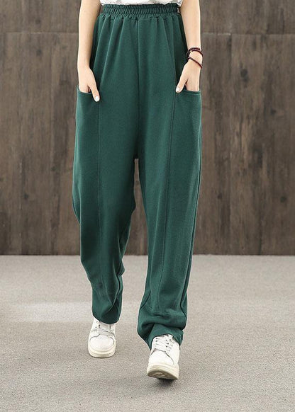 Autumn Big Pocket Elastic Waist Green Pants