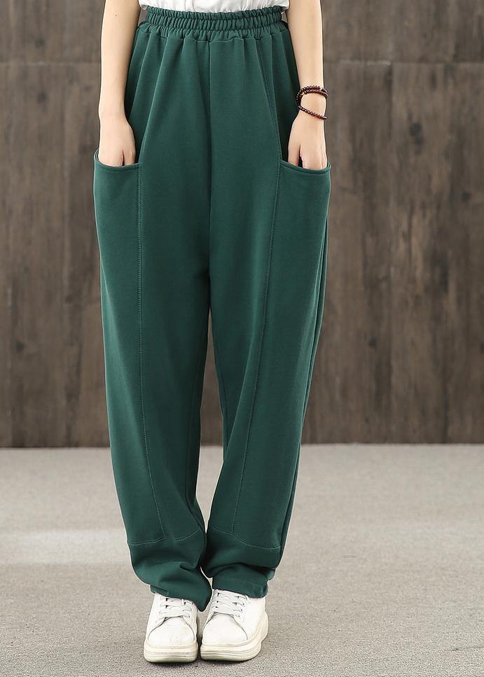 Autumn Big Pocket Elastic Waist Green Pants