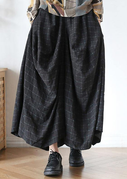 20252025 Fall Retro Mid-length Loose Black Plaid A-line Irregular Wide-leg Pants