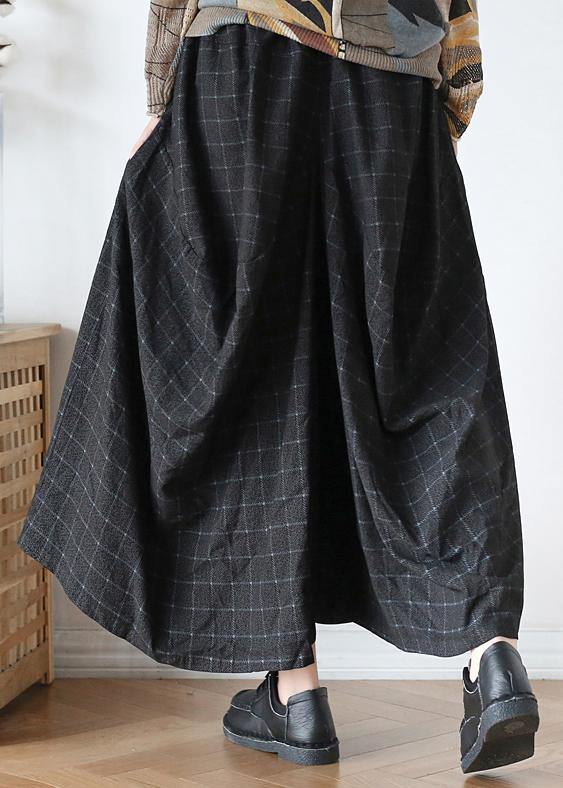 20252025 Fall Retro Mid-length Loose Black Plaid A-line Irregular Wide-leg Pants