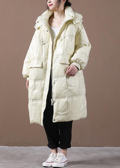 Beige Down Jacket Woman Loose Fitting Winter Jacket Hooded Pockets Zippered Fine Winter Outwear