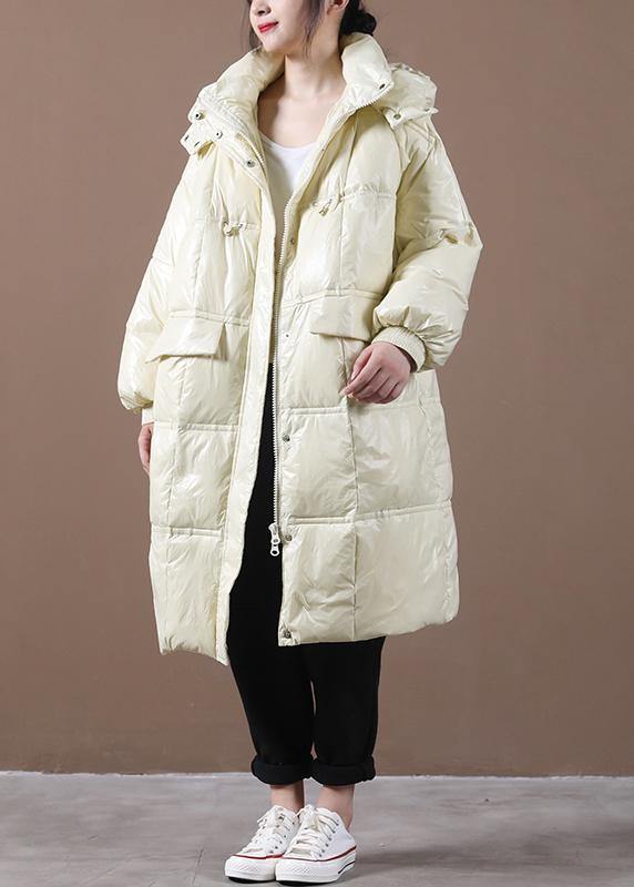 Beige Down Jacket Woman Loose Fitting Winter Jacket Hooded Pockets Zippered Fine Winter Outwear