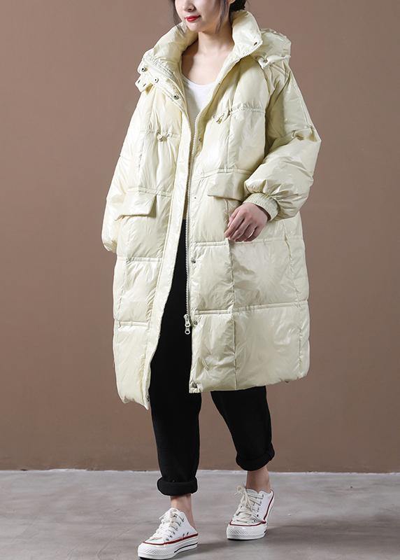 Beige Down Jacket Woman Loose Fitting Winter Jacket Hooded Pockets Zippered Fine Winter Outwear