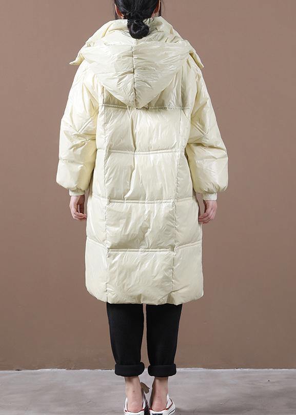 Beige Down Jacket Woman Loose Fitting Winter Jacket Hooded Pockets Zippered Fine Winter Outwear