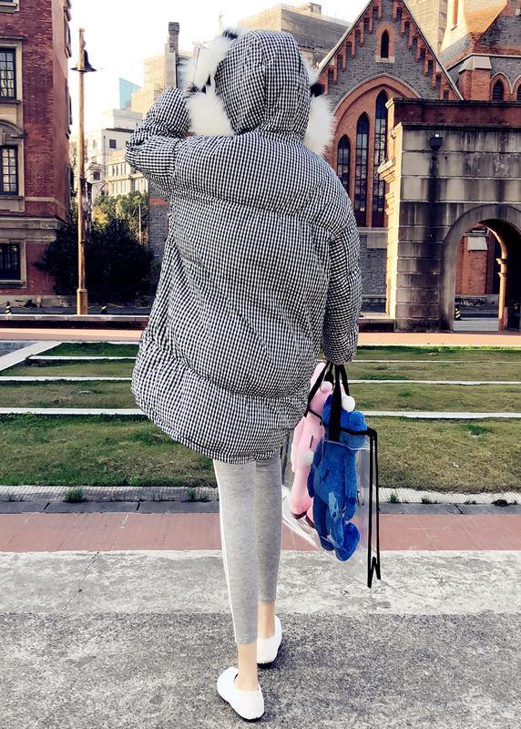 Black Plaid Down Jacket Woman Clothing Parka Hooded the Rabbit Wool Coats