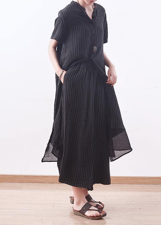 Copper Ammonia Silk Stitching Chiffon Black Striped Shirt Wide Leg Pants Suit