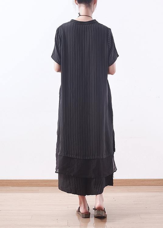 Copper Ammonia Silk Stitching Chiffon Black Striped Shirt Wide Leg Pants Suit