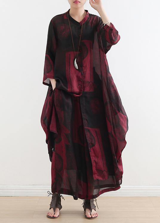 Suit Large Size Was Thin Red Printed Chiffon Female Wide-leg Pants Two-piece Suit