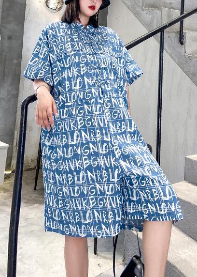 New Jumpsuit Summer Thin High Waist Blue Letter Printed Wide-leg Jumpsuit Shorts