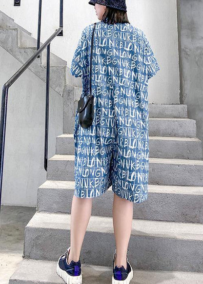 New Jumpsuit Summer Thin High Waist Blue Letter Printed Wide-leg Jumpsuit Shorts