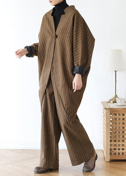 New Wool Blended Khaki Two Pieces Asymmetric Tops and Pant