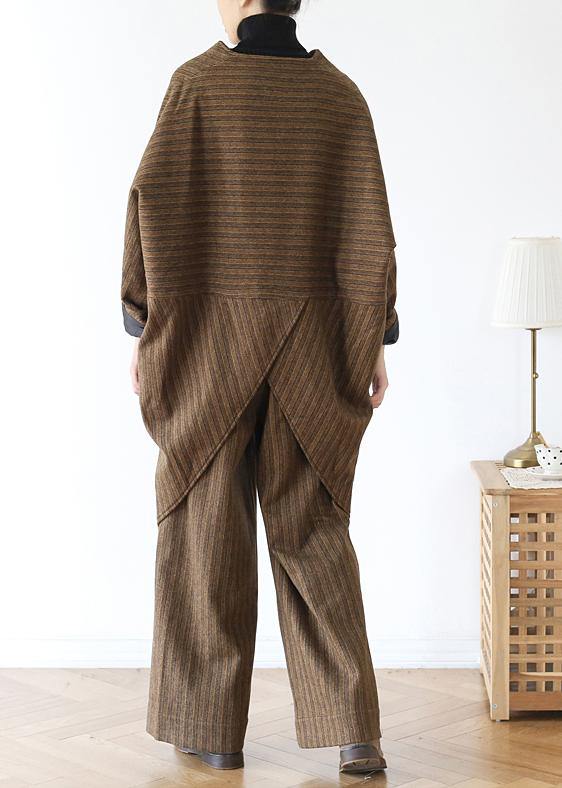 New Wool Blended Khaki Two Pieces Asymmetric Tops and Pant