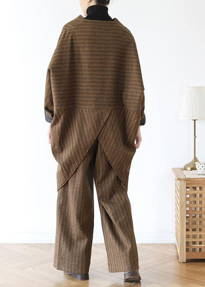 New Wool Blended Khaki Two Pieces Asymmetric Tops and Pant