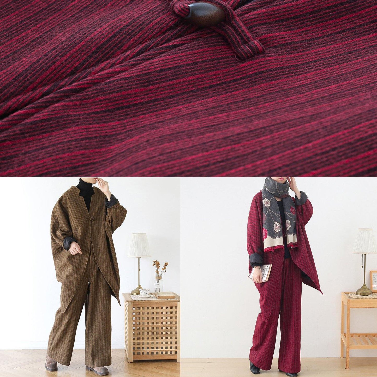New Wool Blended Khaki Two Pieces Asymmetric Tops and Pant