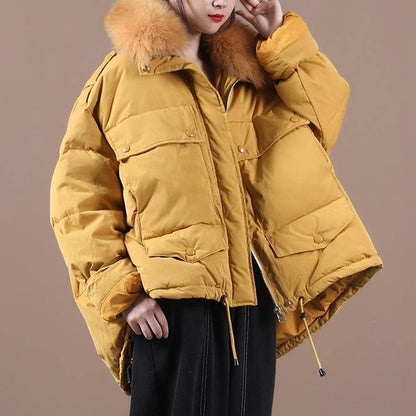 Down Jacket Coats Yellow Faux Fur Collar Drawstring Duck Down Coat